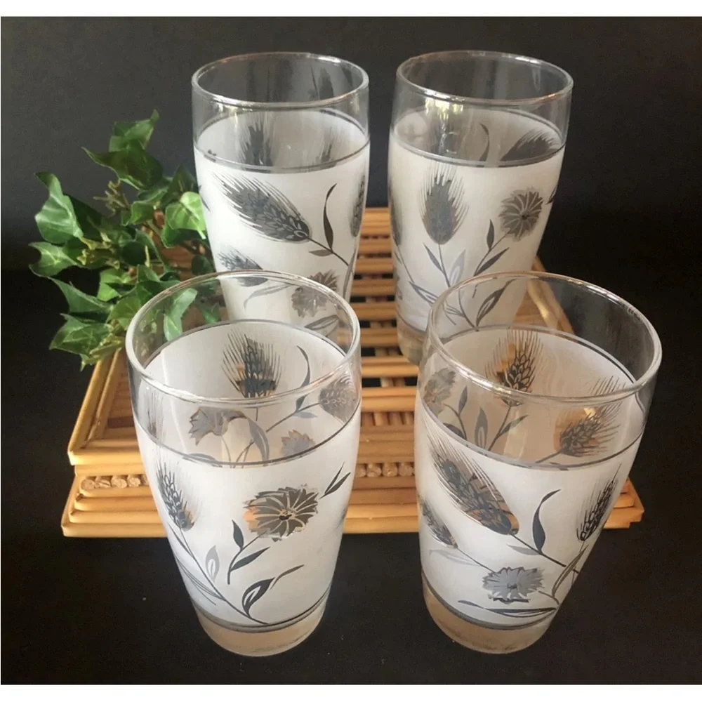 4 Vintage Libbey Frosted Silver Wheat Glasses 5” Tumblers Excellent Condition.‎